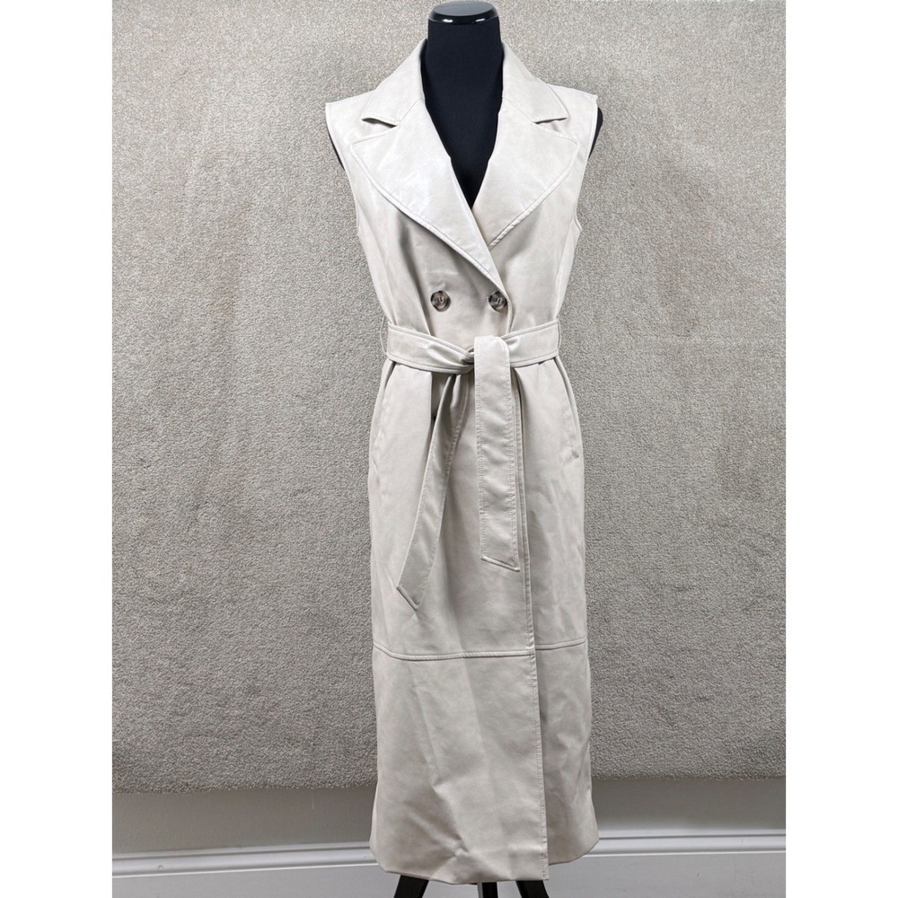 Bagatelle Women XS Cream Faux Leather Sleeveless Trench Vest Longline Belted